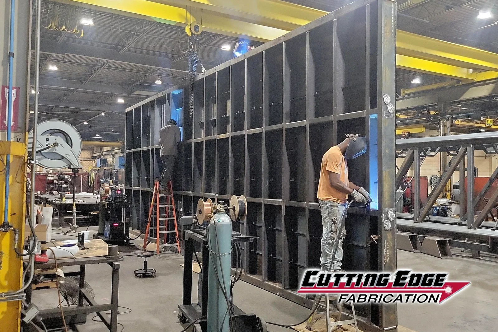 Welded subframe base for a data-center generator enclosure in fabrication at Cutting Edge Fabrication.